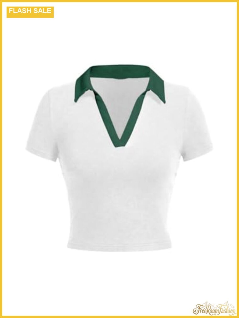 Polo Collared V Neck Crop Top Short Sleeve Ringer Tee Shirt